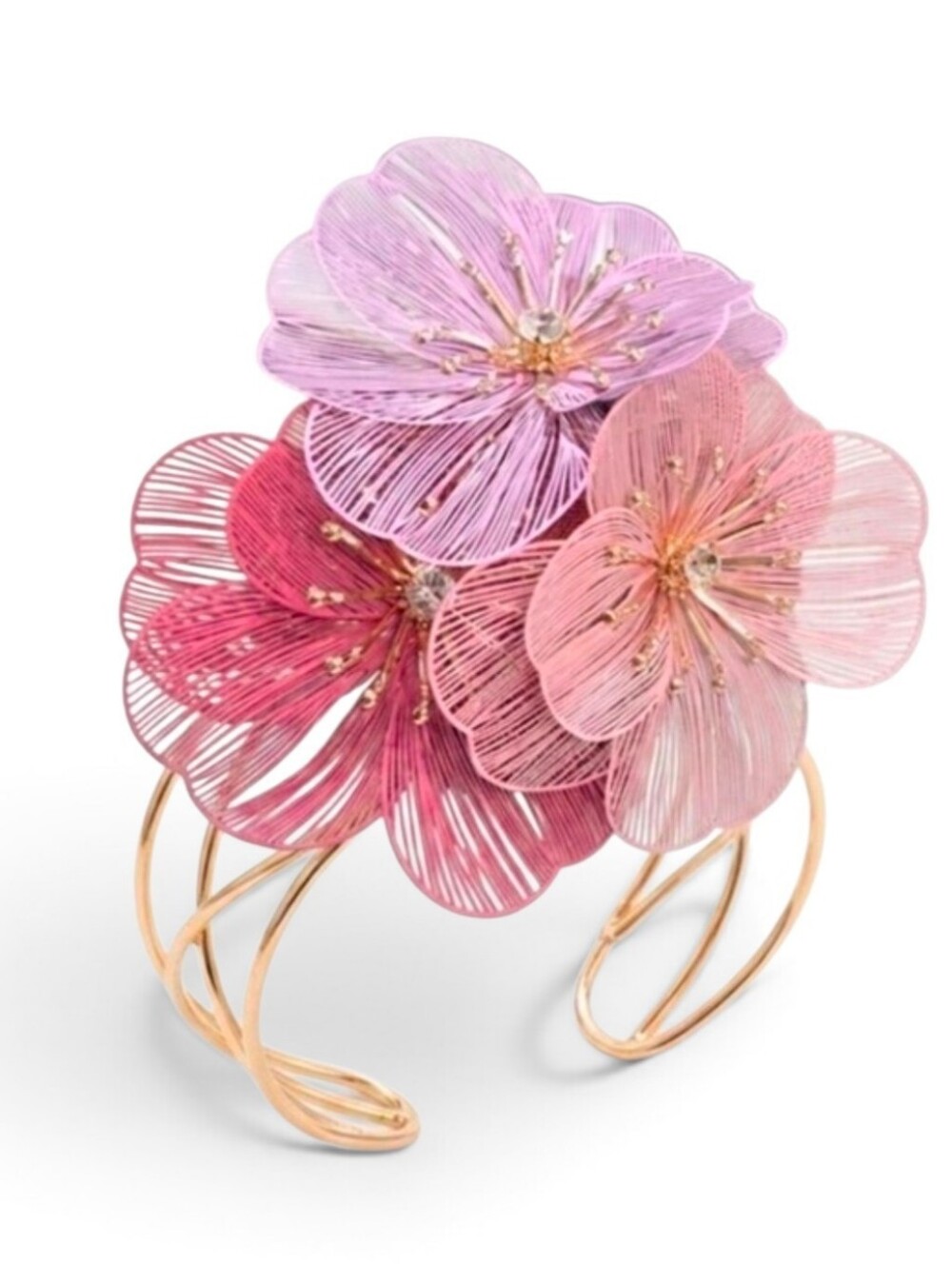 💕▪️Piper K ▪️pink  3D Flower Corsage Wire Cuff Blossom Glass Stone Bracelet
